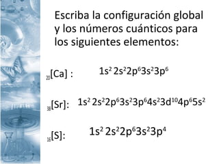 Escriba la configuración global
y los números cuánticos para
los siguientes elementos:
20[Ca] :
38[Sr]:
16[S]:
1s2
2s2
2p6
3s2
3p6
1s2
2s2
2p6
3s2
3p6
4s2
3d10
4p6
5s2
1s2
2s2
2p6
3s2
3p4
 