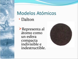 Modelos Atómicos
• Dalton
Representa al
átomo como
un esfera
compacta
indivisible e
indestructible.
 