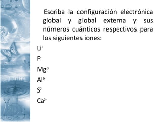 Escriba la configuración electrónica
global y global externa y sus
números cuánticos respectivos para
los siguientes iones:
Li+
F-
Mg2+
Al3+
S2-
Ca2+
 
