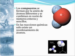 Los compuestos se
forman por la unión de
átomos diferentes y se
combinan en razón de
números enteros y
sencillos.
En las reacciones químicas
solo existe un
reordenamiento de
átomos.
 