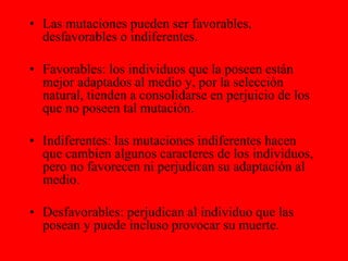 • Las mutaciones pueden ser favorables,
desfavorables o indiferentes.
• Favorables: los individuos que la poseen están
mejor adaptados al medio y, por la selección
natural, tienden a consolidarse en perjuicio de los
que no poseen tal mutación.
• Indiferentes: las mutaciones indiferentes hacen
que cambien algunos caracteres de los individuos,
pero no favorecen ni perjudican su adaptación al
medio.
• Desfavorables: perjudican al individuo que las
posean y puede incluso provocar su muerte.
 