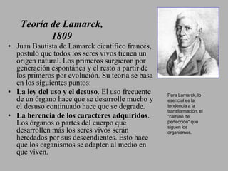 Teoría de Lamarck,
1809
• Juan Bautista de Lamarck científico francés,
postuló que todos los seres vivos tienen un
origen natural. Los primeros surgieron por
generación espontánea y el resto a partir de
los primeros por evolución. Su teoría se basa
en los siguientes puntos:
• La ley del uso y el desuso. El uso frecuente
de un órgano hace que se desarrolle mucho y
el desuso continuado hace que se degrade.
• La herencia de los caracteres adquiridos.
Los órganos o partes del cuerpo que
desarrollen más los seres vivos serán
heredados por sus descendientes. Esto hace
que los organismos se adapten al medio en
que viven.
Para Lamarck, lo
esencial es la
tendencia a la
transformación, el
"camino de
perfección" que
siguen los
organismos.
 