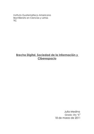 Instituto Guatemalteco Americano
Bachillerato en Ciencias y Letras
TIC




  Brecha Digital, Sociedad de la Información y
                  Ciberespacio




                                           Julia Medina
                                           Grado: 5to “E”
                                    18 de marzo de 2011
 