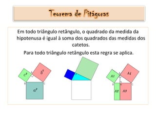Em todo triângulo retângulo, o quadrado da medida da hipotenusa é igual à soma dos quadrados das medidas dos catetos. Para todo triângulo retângulo esta regra se aplica. 