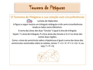 O Teorema de Pitágoras e sua relação com circunferências Lunúlas de Hipócrates   A figura a seguir mostra um triângulo retângulo e três semi-circunferências tendo os lados como diâmetros.  A soma das áreas das duas &quot;lúnulas&quot; é igual à área do triângulo. Sejam: T a área do triângulo, P e Q as áreas das lúnulas e U e V as áreas das outras duas regiões. Como  a área do semicírculo sobre a hipotenusa é igual a soma das áreas dos semicírculos construídos sobre os catetos, temos: T + U + V = P + U + Q + V, ou seja, T = P + Q.            T P Q U V 
