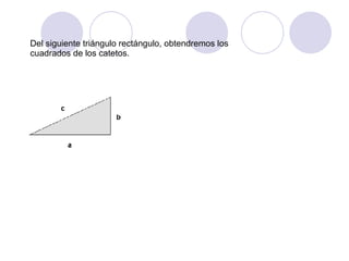 Del siguiente triángulo rectángulo, obtendremos los cuadrados de los catetos.