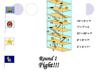 ? ? √ 2 ? Round 1 Fight!!! 3 ²  + 4 ²  = ?  ² 6 ²  + 8 ²  = ? ² 21 ²  + 20 ²  = ? ² 1 ²  + ? ²  = 2 12 ²  + 5 ²  = ? ² 4 3 6 8 21 20 1 ? 12 5 