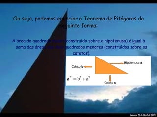 Ou seja, podemos enunciar o Teorema de Pitágoras da seguinte forma: A área do quadrado maior (construído sobre a hipotenusa) é igual à soma das áreas dos dois quadrados menores (construídos sobre os catetos). 