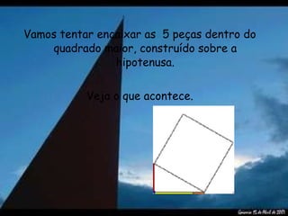 Vamos tentar encaixar as  5 peças dentro do quadrado maior, construído sobre a hipotenusa. Veja o que acontece. 
