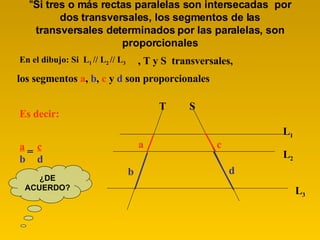 " Si tres o más rectas paralelas son intersecadas  por dos transversales, los segmentos de las transversales determinados por las paralelas, son proporcionales En el dibujo: Si  L 1  // L 2  // L 3 , T y S  transversales,  los segmentos  a ,  b ,  c  y  d  son proporcionales Es decir: = ¿DE ACUERDO? T S L 1 L 2 L 3 a a b b c c d d 