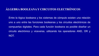 ÁLGEBRA BOOLEANA Y CIRCUITOS ELECTRÓNICOS
Entre la lógica booleana y los sistemas de cómputo existen una relación
uno a uno entre las funciones booleanas y los circuitos electrónicos de
compuertas digitales. Para cada función booleana es posible diseñar un
circuito electrónico y viceversa, utilizando los operadores AND, OR y
NOT.
 