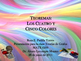 Teoremas:Los Cuatro yCinco Colores Rosa E. Padilla Torres Presentaciónpara la claseTeorías de Grafos MATE 6200 Dr. ÁlvaroLecompte Montes 28 de junio de 2011 