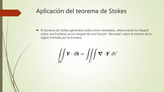 Aplicación del teorema de Stokes
 El teorema de Stokes generaliza todos estos resultados, relacionando la integral
sobre una frontera con la integral de una función "derivada" sobre el interior de la
región limitada por la frontera.
 