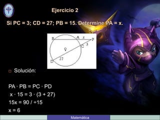  Solución:
PA ∙ PB = PC ∙ PD
x ∙ 15 = 3 ∙ (3 + 27)
15x = 90 / ÷15
x = 6
Matemática
 