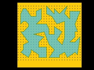 Este polígono é de fato complicado! No entanto, tem a particularidade de ter os seus vértices sobre um reticulado de pontos no plano, constituído por pontos de coordenadas inteiras.Muitas vezes recorremos a processos de dissecção do polígono ou de subtração de áreas. Todos estes processos envolvem a área como um conceito bidimensional. O novo método que apresentamos permite o cálculo da área pela simples contagem de pontos.