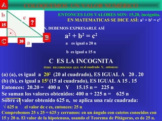 COLOQUEMOS UN VALOR NUMÉRICO
                               ENTONCES LOS VALORES SON: 15,20, incógnita.
                                  EN MATEMATICAS SE DICE ASÍ: a2 + b2 = c2
                  BIEN, DEBEMOS EXPRESARLE ASÍ

                                   a2 + b 2 = c 2
                                   a es igual a 20 n

                                    b es igual a 15 n

                         C ES LA INCOGNITA
                      PERO RECORDEMOS QUE es al cuadrado Y, entonces:


(a) (a), es igual a 202 (20 al cuadrado), ES IGUAL A 20 . 20
(b) (b), es igual a 152 (15 al cuadrado), ES IGUAL A 15 . 15
Entonces: 20.20 = 400 n Y 15.15 n = 225 n
Se suman los valores obtenidos: 400 n + 225 n = 625 n
Sobre el valor obtenido 625 n, se aplica una raíz cuadrada:
 √ 625 n el valor de c es, entonces: 25 n
Comprobemos 25 x 25 = 625 y cerramos: en un ángulo con catetos conocidos con
15 y 20 n. El valor de la hipotenusa, usando el Teorema de Pitágoras, es de 25 n.
 