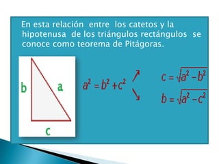 En esta relación entre los catetos y la
hipotenusa de los triángulos rectángulos se
conoce como teorema de Pitágoras.
 