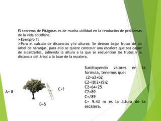 El teorema de Pitágoras es de mucha utilidad en la resolución de problemas
de la vida cotidiana.
Ejemplo 1:
Para el calculo de distancias y/o alturas: Se desean bajar frutos de un
árbol de naranjas, para ello se quiere construir una escalera que sea capaz
de alcanzarlos, sabiendo la altura a la que se encuentran los frutos y la
distancia del árbol a la base de la escalera.

C=?

A= 8
B=5

Sustituyendo valores en la
formula, tenemos que:
c2=a2+b2
C2=(8)2+(5)2
C2=64+25
C2=89
C=√89
C= 9.43 m es la altura de la
escalera.

 
