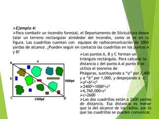 Ejemplo 4:
Para combatir un incendio forestal, el Departamento de Silvicultura desea
talar un terreno rectangular alrededor del incendio, como se ve en la
figura. Las cuadrillas cuentan con equipos de radiocomunicación de 3000
yardas de alcance. ¿Pueden seguir en contacto las cuadrillas en los puntos A
y B?
Los puntos A, B y C forman un
triángulo rectángulo. Para calcular la
distancia c del punto A al punto B se
utiliza el teorema de
Pitágoras, sustituyendo a “a” por 2,400
y a “b” por 1,000, y despejando a c:
a2+b2=c2
24002+10002=c2
6,760,000=c2
c=2600
Las dos cuadrillas están a 2600 yardas
de distancia. Esa distancia es menor
que la del alcance de los radios, por lo
que las cuadrillas se pueden comunicar.

 