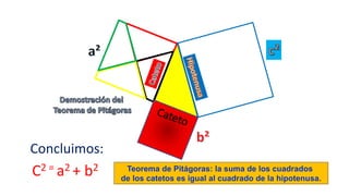 Concluimos:
C2 = a2 + b2 Teorema de Pitágoras: la suma de los cuadrados
de los catetos es igual al cuadrado de la hipotenusa.
 