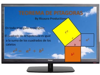 TEOREMA DE PITAGORAS
By Ricaura Productions
En todo triangulo rectángulo:
El cuadrado de la hipotenusa es igual

a la suma de los cuadrados de los
catetos

 