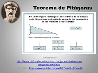 Teorema de Pitágoras

Demostración:
http://www.disfrutalasmatematicas.com/geometria/teoremapitagoras-demo.html
Y en video: http://www.youtube.com/watch?v=ruf2e8momBk

 