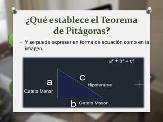 ¿Qué establece el Teorema
de Pitágoras?
• Y se puede expresar en forma de ecuación como en la
imagen.
 