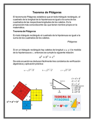 Teorema de Pitágoras
El teoremade Pitágoras establece que en todo triángulo rectángulo, el
cuadrado de la longitud de la hipotenusa es igual a la suma de los
cuadrados de las respectivas longitudes de los catetos. Es la
proposiciónmás conocidaentre las que tienen nombre propio en la
matemática.
Teorema de Pitágoras
En todo triángulo rectángulo el cuadrado de la hipotenusa es igual a la
suma de los cuadrados de los catetos.
Pitágoras
Si en un triángulo rectángulo hay catetos de longitud 𝑎 y, y 𝑏 la medida
de la hipotenusa es 𝑐, entonces se cumple la siguiente relación:
𝑎2
+ 𝑏2
= 𝑐2
De esta ecuaciónse deducenfácilmente tres corolarios de verificación
algebraica y aplicación práctica:
 