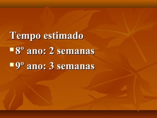 Tempo estimadoTempo estimado
 8º ano: 2 semanas8º ano: 2 semanas
 9º ano: 3 semanas9º ano: 3 semanas
 