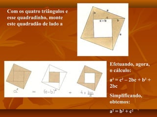 Com os quatro triângulos e
esse quadradinho, monte
este quadradão de lado a
Efetuando, agora,
o cálculo:
a2
= c2
– 2bc + b2
+
2bc
Simplificando,
obtemos:
a2
= b2
+ c2
 