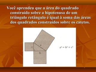 Você aprendeu que a área do quadradoVocê aprendeu que a área do quadrado
construído sobre a hipotenusa de umconstruído sobre a hipotenusa de um
triângulo retângulo é igual à soma das áreastriângulo retângulo é igual à soma das áreas
dos quadrados construídos sobre os catetos.dos quadrados construídos sobre os catetos.
 