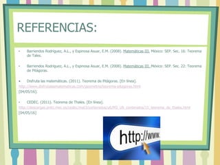 REFERENCIAS:
• Barriendos Rodríguez, A.L., y Espinosa Asuar, E.M. (2008). Matemáticas III. México: SEP. Sec. 16: Teorema
de Tales.
• Barriendos Rodríguez, A.L., y Espinosa Asuar, E.M. (2008). Matemáticas III. México: SEP. Sec. 22: Teorema
de Pitágoras.
• Disfruta las matemáticas. (2011). Teorema de Pitágoras. [En línea].
http://www.disfrutalasmatematicas.com/geometria/teorema-pitagoras.html
[04/05/16].
• CEDEC. (2011). Teorema de Thales. [En línea].
http://descargas.pntic.mec.es/cedec/mat3/contenidos/u6/M3_U6_contenidos/11_teorema_de_thales.html
[04/05/16]
 