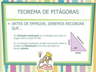 TEOREMA DE PITÁGORAS
• ANTES DE EMPEZAR, DEBEMOS RECORDAR
QUE…
- Un triángulo rectángulo es un triángulo que tiene un
ángulo recto, es decir de 90º.
- En un triángulo rectángulo, el lado más grande recibe el
nombre de hipotenusa y los otros dos lados se
llaman catetos.
 