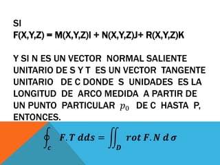 SI
F(X,Y,Z) = M(X,Y,Z)I + N(X,Y,Z)J+ R(X,Y,Z)K
Y SI N ES UN VECTOR NORMAL SALIENTE
UNITARIO DE S Y T ES UN VECTOR TANGENTE
UNITARIO DE C DONDE S UNIDADES ES LA
LONGITUD DE ARCO MEDIDA A PARTIR DE
UN PUNTO PARTICULAR 𝑝0 DE C HASTA P,
ENTONCES.
𝒄
𝑭. 𝑻 𝒅𝒅𝒔 =
𝑫
𝒓𝒐𝒕 𝑭. 𝑵 𝒅 𝝈
 