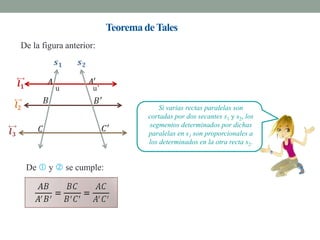 Teorema de Tales
De la figura anterior:



          u          u’

                                       Si varias rectas paralelas son
                                   cortadas por dos secantes s1 y s2, los
                                   segmentos determinados por dichas
                                   paralelas en s1 son proporcionales a
                                   los determinados en la otra recta s2.


 De  y  se cumple:
 