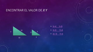ENCONTRAR EL VALOR DE X Y
• X=4 Y=9
• X=9 Y=4
• X=-9 Y=4
3
12 x
15
5y