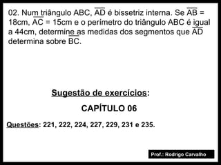 Prof.: Rodrigo Carvalho
02. Num triângulo ABC, AD é bissetriz interna. Se AB =
18cm, AC = 15cm e o perímetro do triângulo ABC é igual
a 44cm, determine as medidas dos segmentos que AD
determina sobre BC.
Sugestão de exercícios:
CAPÍTULO 06
Questões: 221, 222, 224, 227, 229, 231 e 235.
 