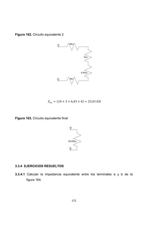 172
Figura 162. Circuito equivalente 2
Figura 163. Circuito equivalente final
3.3.4 EJERCICIOS RESUELTOS
3.3.4.1 Calcular la impedancia equivalente entre los terminales a y b de la
figura 164.
 