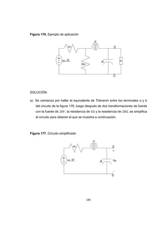 185
Figura 176. Ejemplo de aplicación
SOLUCIÓN:
a) Se comienza por hallar el equivalente de Thévenin entre los terminales a y b
del circuito de la figura 176, luego después de dos transformaciones de fuente
con la fuente de , la resistencia de y la resistencia de , se simplifica
el circuito para obtener el que se muestra a continuación.
Figura 177. Circuito simplificado
 