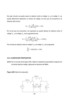 206
De este circuito se puede sacar la relación entre el voltaje y el voltaje se
puede determinar aplicando un divisor de voltaje a la red que se encuentra a la
derecha del circuito:
En la red que se encuentra a la izquierda se puede deducir la relación entre el
voltaje y el voltaje de la siguiente forma:
Por lo tanto la relación entre el voltaje y el voltaje es la siguiente:
3.5.5 EJERCICIOS PROPUESTOS
3.5.5.1 En el circuito de la figura 205, hallar la impedancia equivalente respecto de
la fuente ideal de voltaje, aplicando el teorema de Miller.
Figura 205. Ejercicio propuesto
 