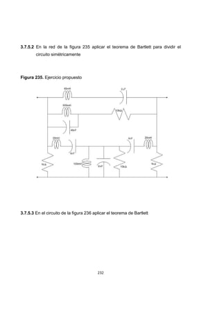 232
3.7.5.2 En la red de la figura 235 aplicar el teorema de Bartlett para dividir el
circuito simétricamente
Figura 235. Ejercicio propuesto
3.7.5.3 En el circuito de la figura 236 aplicar el teorema de Bartlett
 
