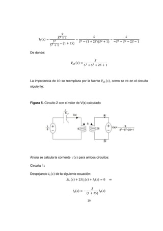 29
De donde:
La impedancia de se reemplaza por la fuente , como se ve en el circuito
siguiente:
Figura 5. Circuito 2 con el valor de V(s) calculado
Ahora se calcula la corriente para ambos circuitos:
Circuito 1:
Despejando de la siguiente ecuación:
 