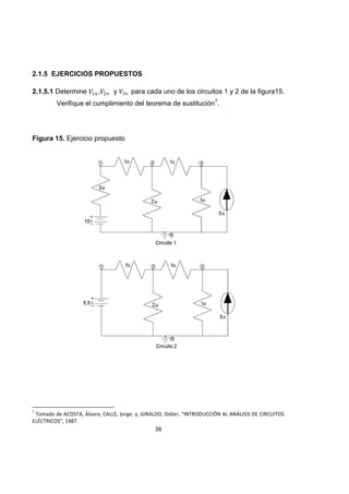 38
2.1.5 EJERCICIOS PROPUESTOS
2.1.5.1 Determine , y para cada uno de los circuitos 1 y 2 de la figura15.
Verifique el cumplimiento del teorema de sustitución7
.
Figura 15. Ejercicio propuesto
7
Tomado de ACOSTA, Álvaro, CALLE, Jorge. y, GIRALDO, Didier, “INTRODUCCIÓN AL ANÁLISIS DE CIRCUITOS
ELÉCTRICOS”, 1987.
 
