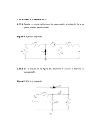 61
2.2.5 EJERCICIOS PROPUESTOS
2.2.5.1 Calcular por medio del teorema de superposición, el voltaje de la red
que se muestra a continuación.
Figura 36. Ejercicio propuesto
2.2.5.2 En el circuito de la figura 37, determine usando el teorema de
superposición.
Figura 37. Ejercicio propuesto
 
