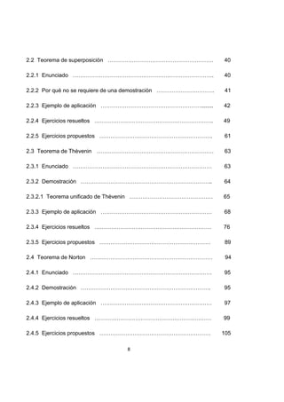 8
2.2 Teorema de superposición ………………………………………………… 40
2.2.1 Enunciado …………………………………………………………………. 40
2.2.2 Por qué no se requiere de una demostración …………………………. 41
2.2.3 Ejemplo de aplicación ………………………………………………........ 42
2.2.4 Ejercicios resueltos ………………………………………………………. 49
2.2.5 Ejercicios propuestos ……………………………………………………. 61
2.3 Teorema de Thèvenin ……………………………………………………… 63
2.3.1 Enunciado ………………………………………………………………… 63
2.3.2 Demostración …………………………………………………………….. 64
2.3.2.1 Teorema unificado de Thévenin ……………………………………… 65
2.3.3 Ejemplo de aplicación …………………………………………………… 68
2.3.4 Ejercicios resueltos ……………………………………………………… 76
2.3.5 Ejercicios propuestos …………………………………………………… 89
2.4 Teorema de Norton ………………………………………………………… 94
2.4.1 Enunciado ………………………………………………………………… 95
2.4.2 Demostración ……………………………………………………………. 95
2.4.3 Ejemplo de aplicación …………………………………………………… 97
2.4.4 Ejercicios resueltos ……………………………………………………… 99
2.4.5 Ejercicios propuestos …………………………………………………… 105
 