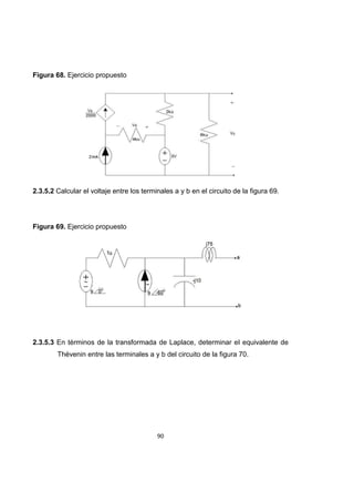 90
Figura 68. Ejercicio propuesto
2.3.5.2 Calcular el voltaje entre los terminales a y b en el circuito de la figura 69.
Figura 69. Ejercicio propuesto
2.3.5.3 En términos de la transformada de Laplace, determinar el equivalente de
Thévenin entre las terminales a y b del circuito de la figura 70.
 