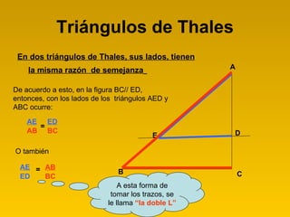 Triángulos de Thales En dos triángulos de Thales, sus lados, tienen la misma razón  de semejanza     De acuerdo a esto, en la figura BC// ED, entonces, con los lados de los  triángulos AED y ABC ocurre: = O también = A esta forma de tomar los trazos, se le llama  “la doble L” B C A D E AE AB ED AE ED AB BC BC 