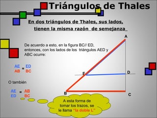 Triángulos de Thales
En dos triángulos de Thales, sus lados,
tienen la misma razón de semejanza  
B C
A
DE
De acuerdo a esto, en la figura BC// ED,
entonces, con los lados de los triángulos AED y
ABC ocurre:
AE
AB
=
ED
O también
AE
ED
= AB
BC
BC
A esta forma de
tomar los trazos, se
le llama “la doble L”
 