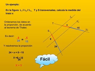 L1
L2
L3
T
S
8
24
x
15
Un ejemplo:
En la figura L1 // L2 // L3 , T y S transversales, calcula la medida del
trazo x
Ordenamos los datos en
la proporción, de acuerdo
al teorema de Thales
Es decir:
8
24 =
X
15
Y resolvemos la proporción
24 • x = 8 • 15
X =8 • 15
24
X = 5
Fácil
 