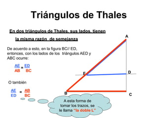 Triángulos de Thales
En dos triángulos de Thales, sus lados, tienen
la misma razón de semejanza
C
A
D
E
De acuerdo a esto, en la figura BC// ED,
entonces, con los lados de los triángulos AED y
ABC ocurre:
AE
ED
=
AE
=
ED
AB BC
O también
AB
BC
B
A esta forma de
tomar los trazos, se
le llama “la doble L”
 